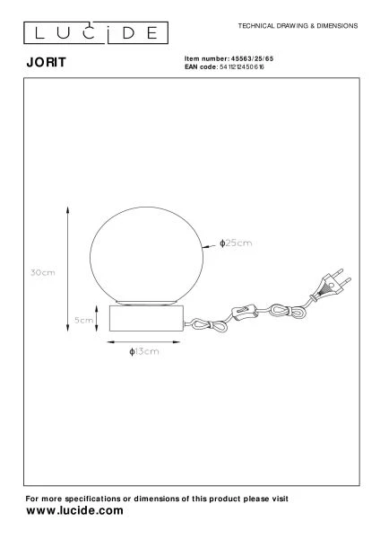 Lucide JORIT - Lampe de table - Ø 25 cm - 1xE27 - Fumé - TECHNISCH